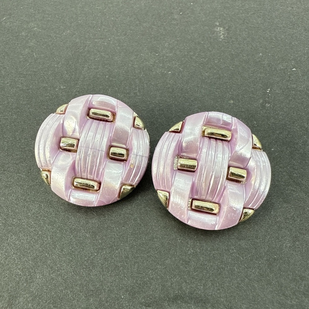 Vintage Pink Moonglow Thermostat Basket Weave Clip-on 1" Earrings